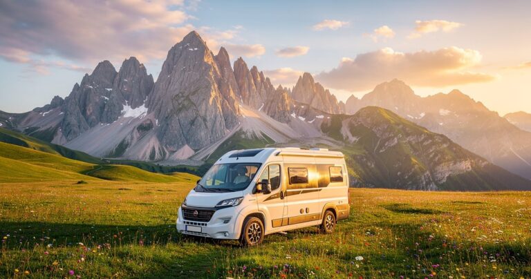 Camping-car blanc stationné gratuitement dans une prairie de montagne en France au coucher du soleil