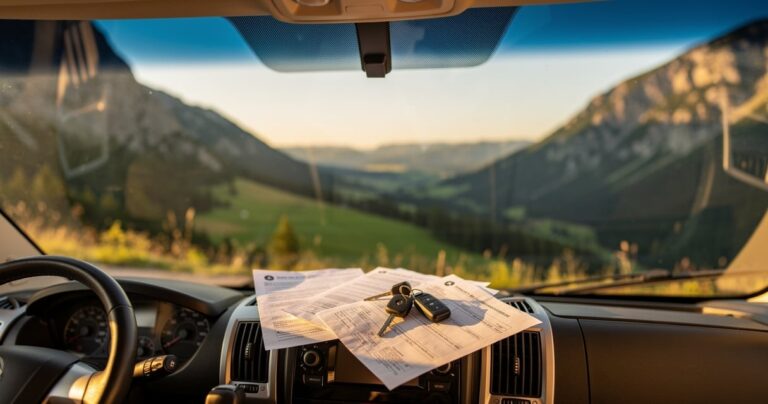 Camping-car stationné avec documents d'assurance sur le tableau de bord