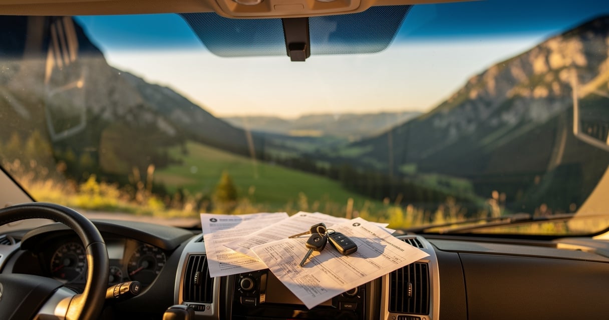 Camping-car stationné avec documents d'assurance sur le tableau de bord