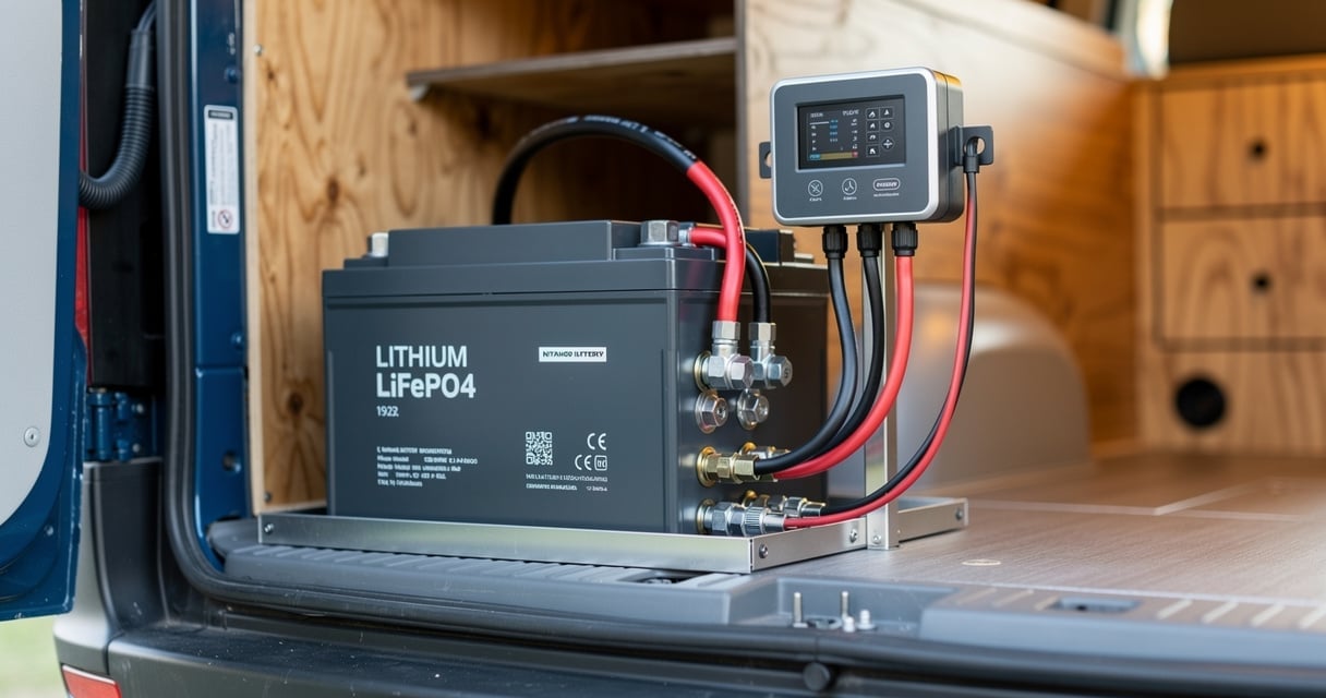 Batterie lithium LiFePO4 installée dans le coffre technique d'un camping-car