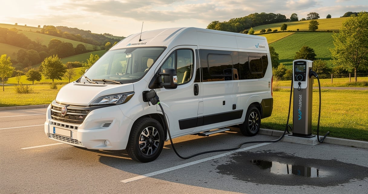 Camping-car électrique blanc branché sur une borne de recharge rapide en bord de route