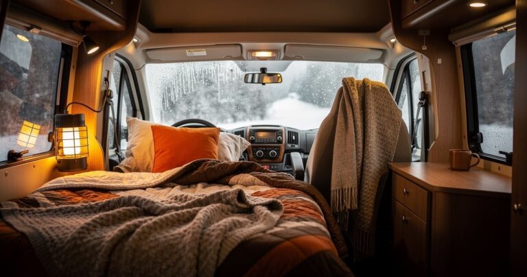 Intérieur chaleureux d'un camping-car chauffé en hiver avec vue sur la neige