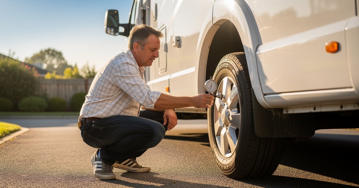 Vérification de la pression des pneus d'un camping-car avant le départ