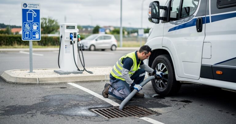 Camping-car effectuant la vidange de ses eaux grises sur une aire de service en France