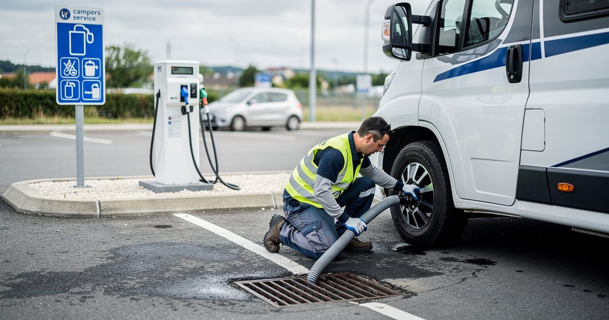 Camping-car effectuant la vidange de ses eaux grises sur une aire de service en France