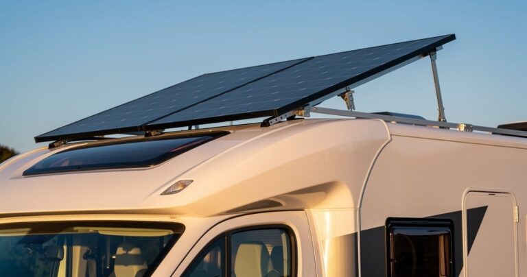 Panneau solaire installé sur le toit d'un camping-car blanc
