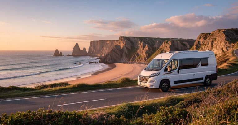 Camping-car blanc stationné en bord de falaise au lever du soleil sur la côte atlantique