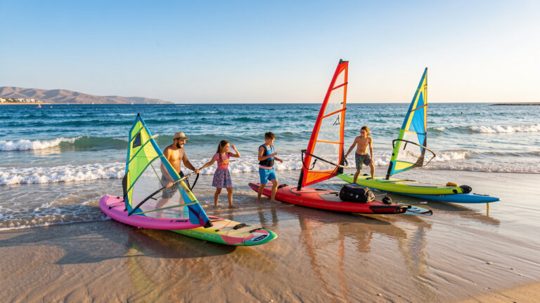 Famille réunie sur une plage marocaine pour choisir entre le kitesurf et le windsurf, avec l’océan en arrière-plan.