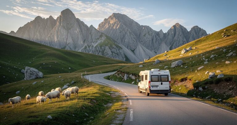 Camping-car sur une route de col dans les Pyrénées avec les sommets en arrière-plan