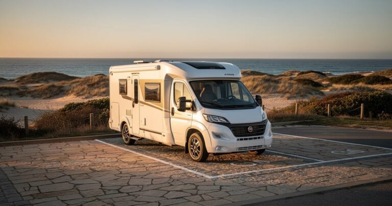 Camping-car blanc stationné sur une aire dédiée au bord de la côte française au coucher du soleil