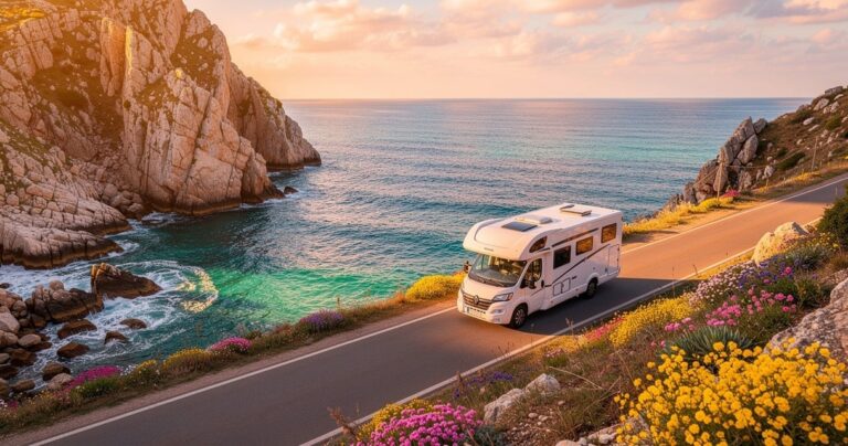 Camping-car garé sur une route côtière avec vue sur la mer Méditerranée au coucher du soleil