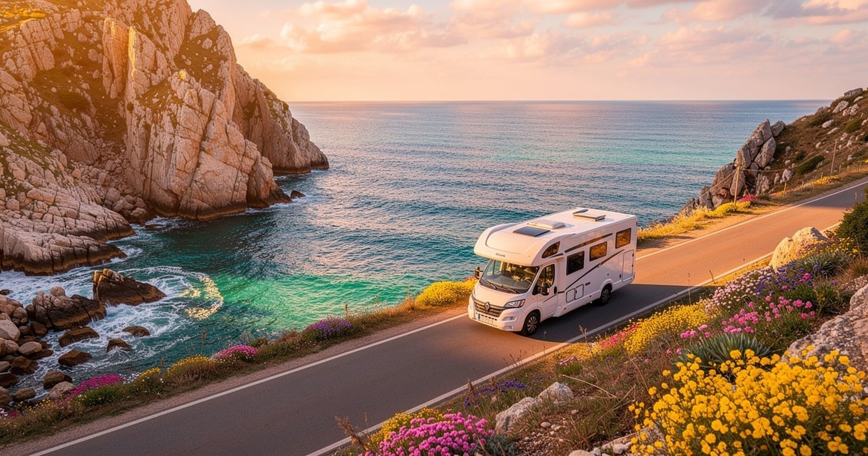 Camping-car garé sur une route côtière avec vue sur la mer Méditerranée au coucher du soleil