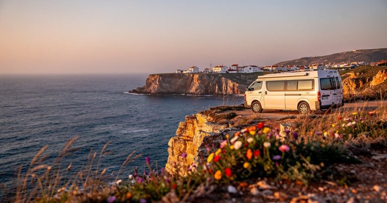 Camping-car blanc stationné sur une falaise au-dessus de la Méditerranée en Espagne au coucher du soleil