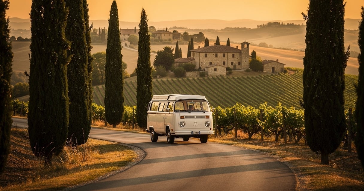 Van aménagé blanc sur une route bordée de cyprès en Toscane au coucher de soleil