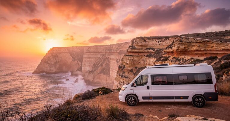 Van aménagé blanc garé sur une falaise face à l'océan Atlantique en Algarve au coucher du soleil