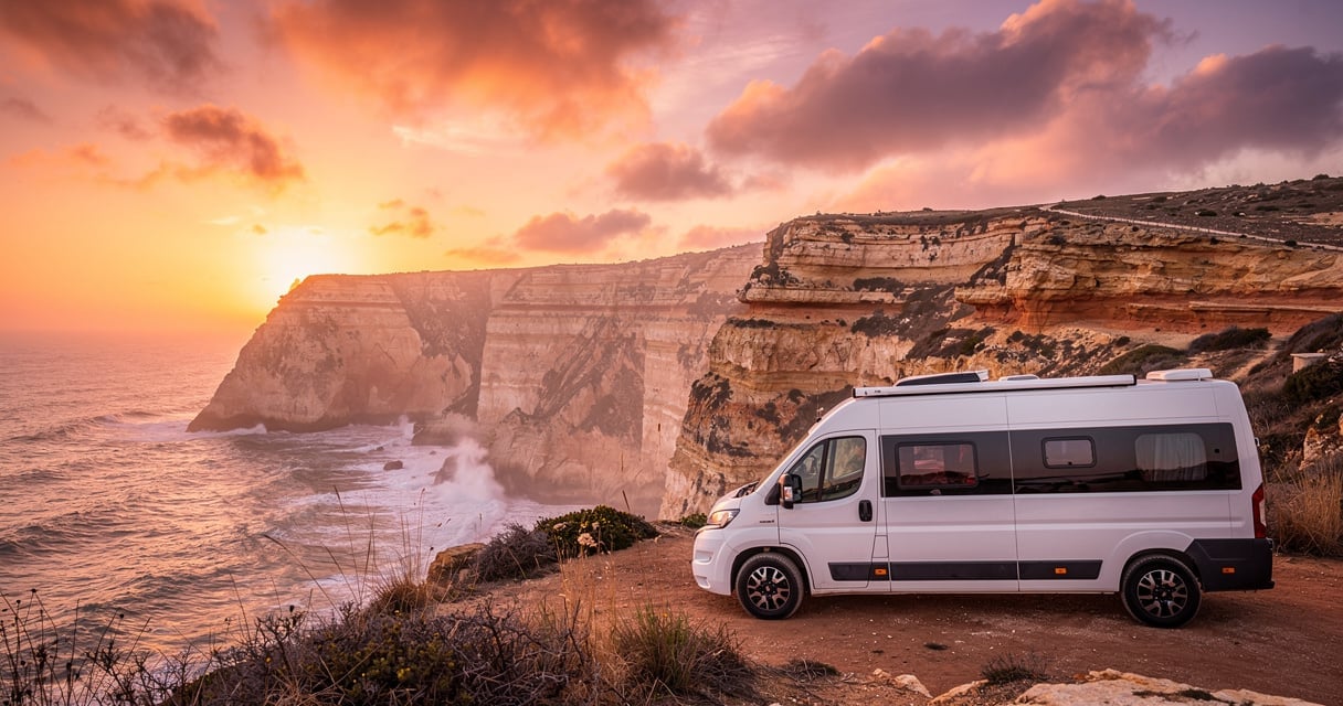 Van aménagé blanc garé sur une falaise face à l'océan Atlantique en Algarve au coucher du soleil