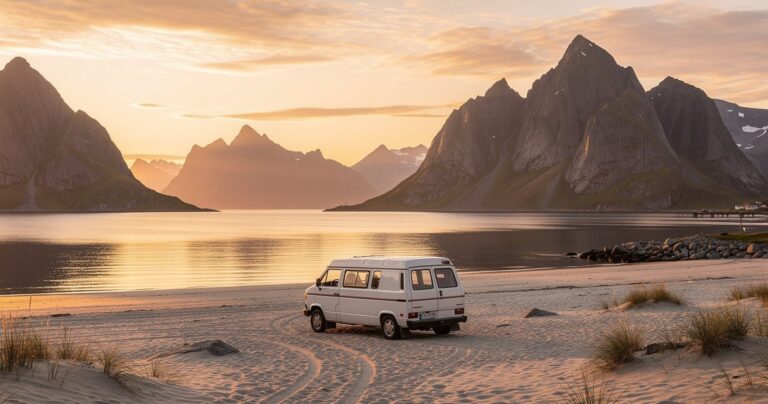 Van garé sur une plage des îles Lofoten en Norvège sous le soleil de minuit