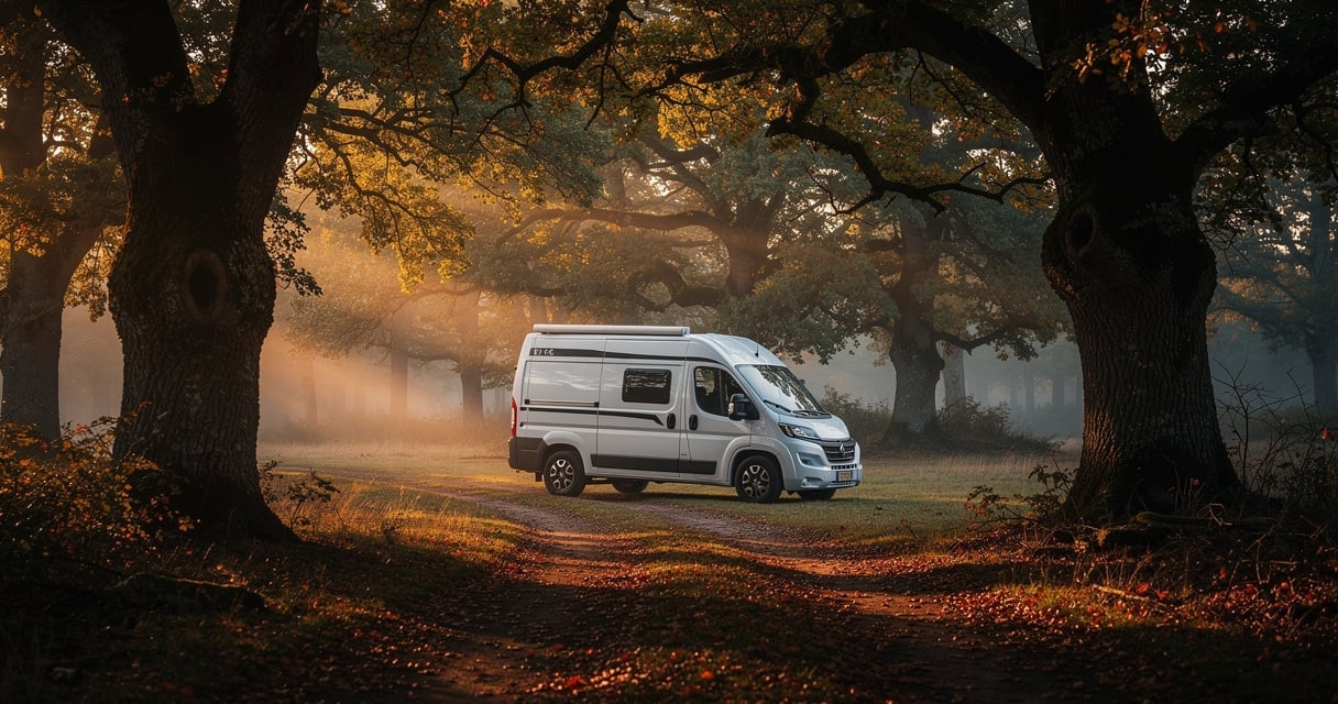 Van blanc bivouaquant en forêt domaniale française à la tombée du jour