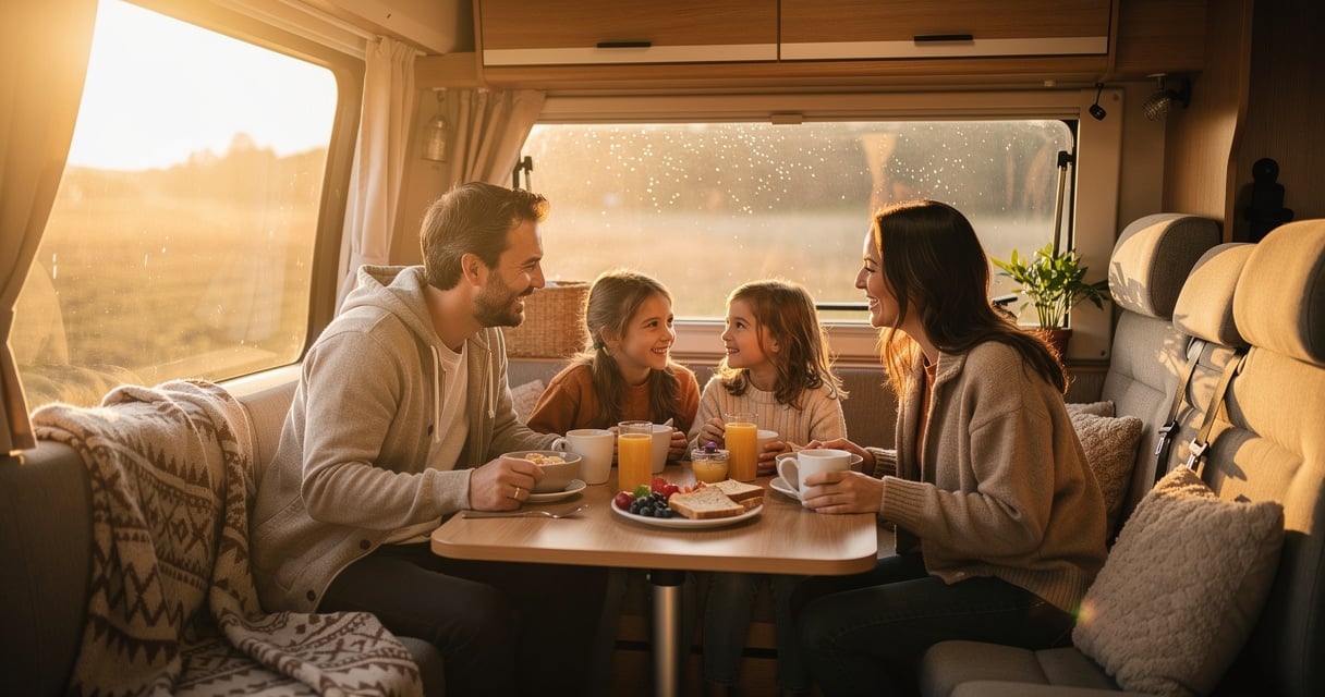 Famille prenant le petit-déjeuner à l'intérieur de leur van aménagé