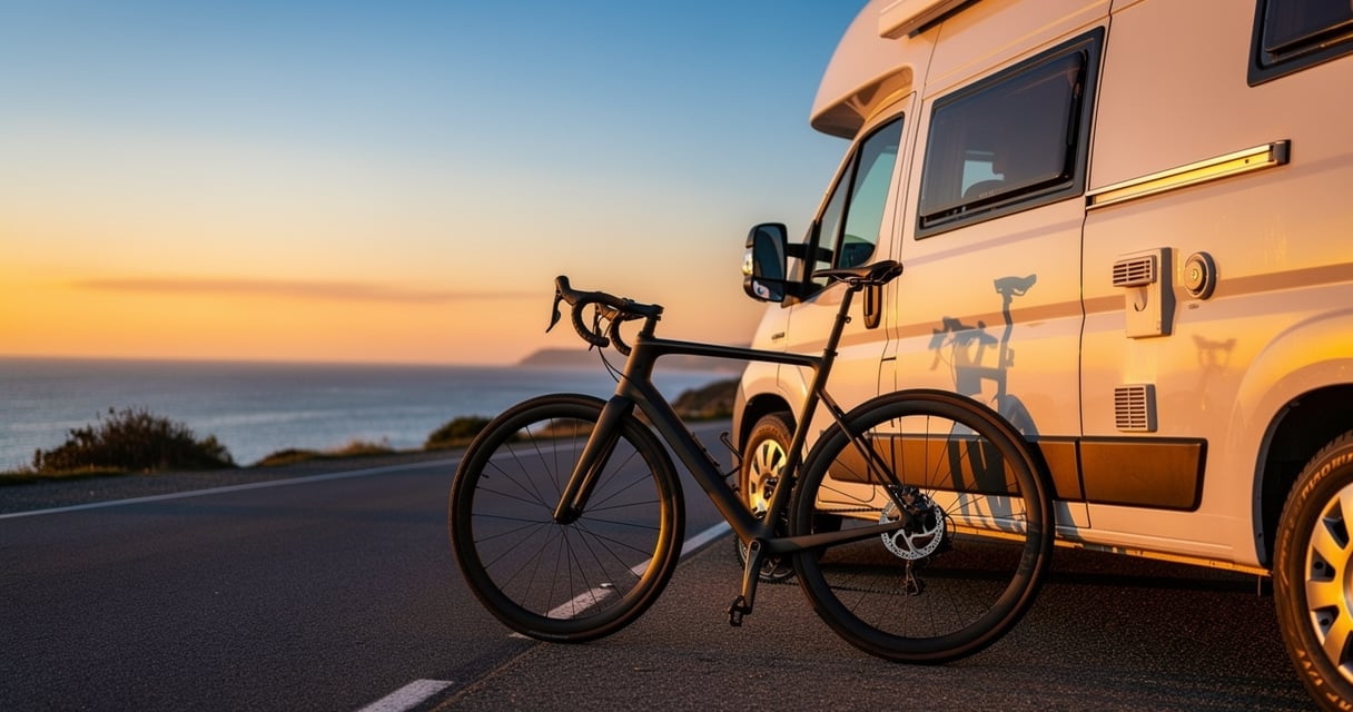 Vélo de route appuyé contre un camping-car au bord de la mer au coucher du soleil